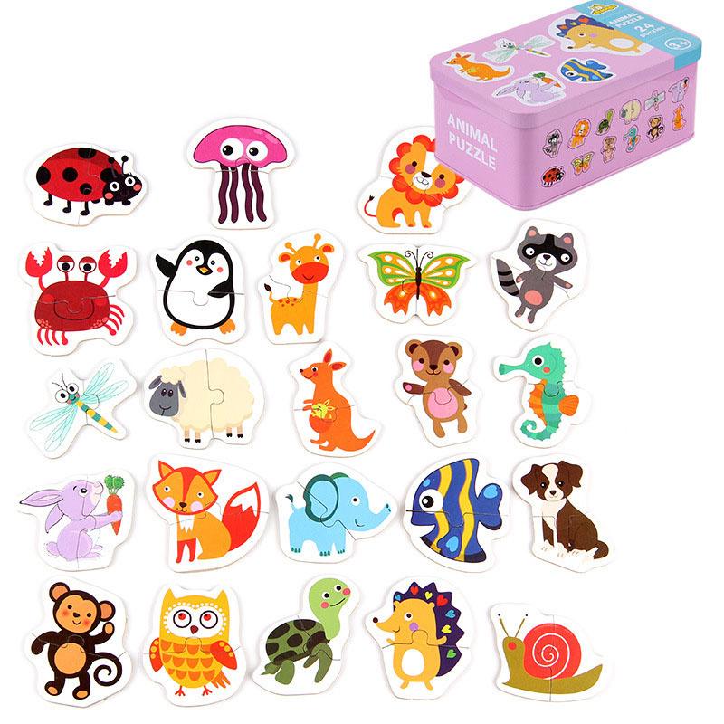 Kids Wooden Jigsaw Puzzle with Iron Box Children Early Learning Metal Box Puzzle Toys Boys Girls Baby Montessori Educational Toy