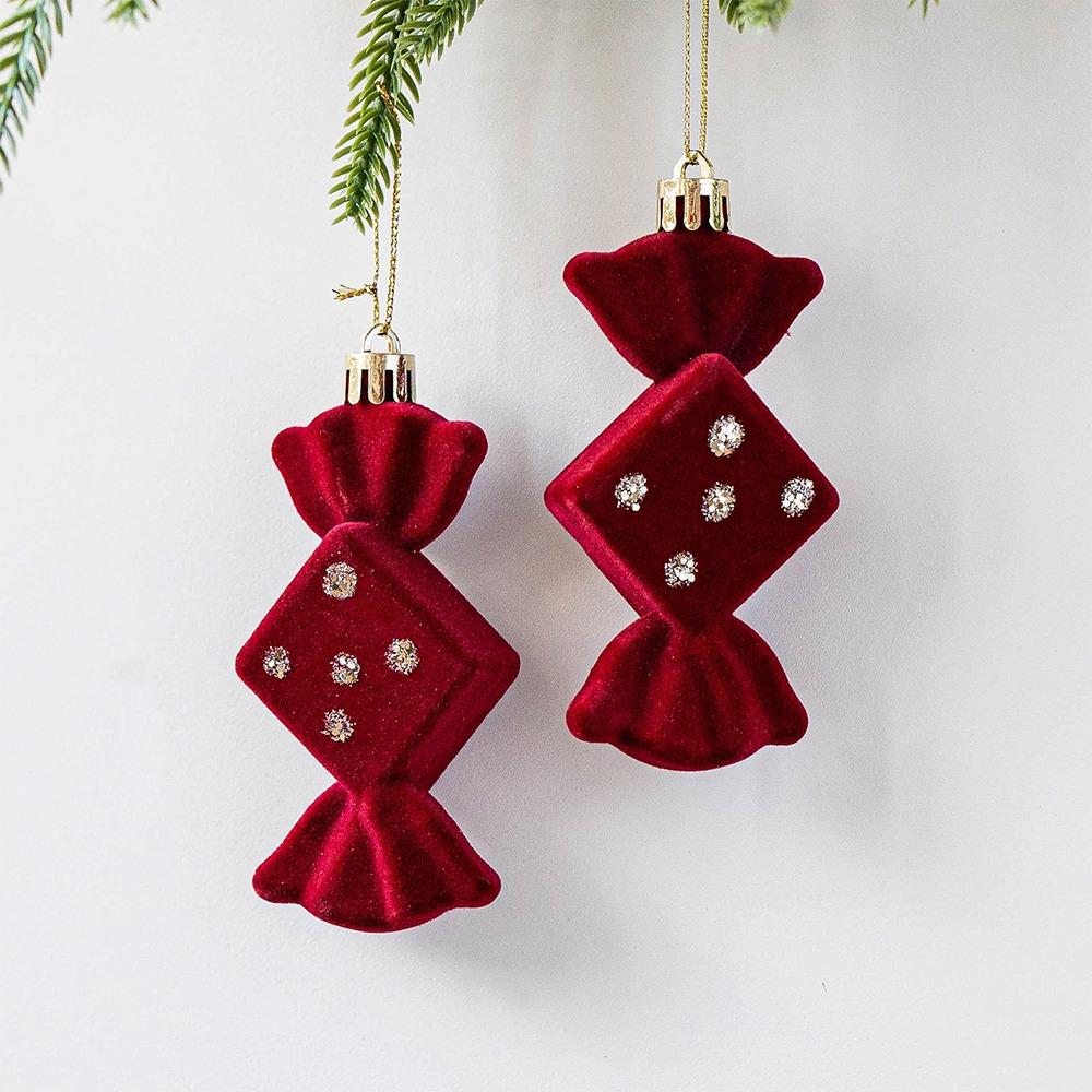 2pcs Flocked Christmas Tree Pendants Red Candy Cane Pendants  Party Decor