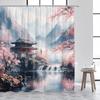 Japanese Style Shower Curtain Town Architecture Arch Bridge Pink Cherry Blossom Sunset Mountain Landscape Bathroom Curtain Decor