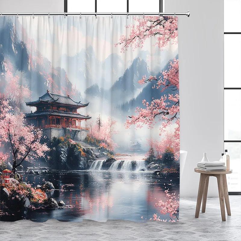 Japanese Style Shower Curtain Town Architecture Arch Bridge Pink Cherry Blossom Sunset Mountain Landscape Bathroom Curtain Decor