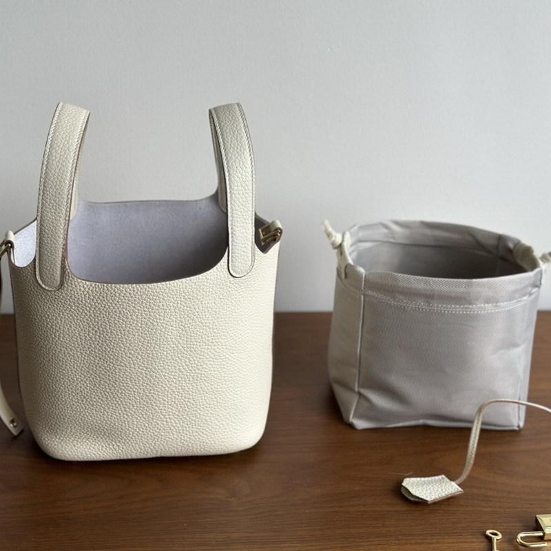 New leather first layer cowhide lychee pattern bucket bag handbag vegetable basket bag women's bag