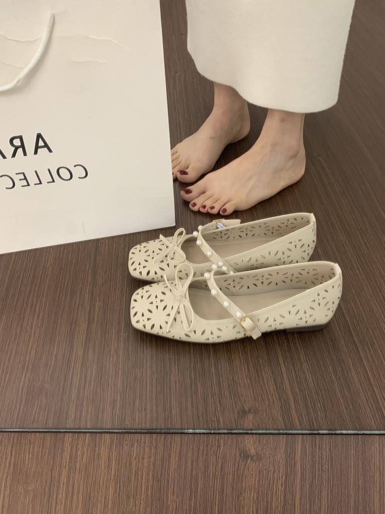 Versatile and Not Tired of Feet, One-word Buckle Strap, Square Head, Mary Jane Shoes, Fairy, Breathable, Hollowed Out, Flat-bottomed Ballet Single Sh