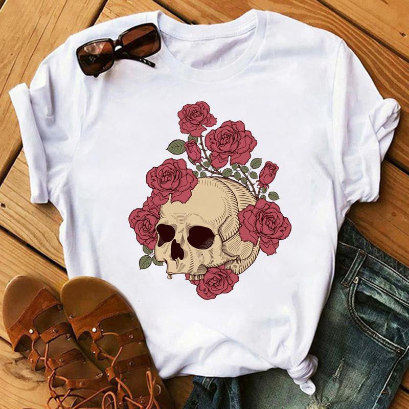 Camiseta De Arte Esttica Feminina De Flores De Caveira Roupas Punk Rock Camiseta Estampada Com Cavaleiro Roupas Fitness Vero 2020