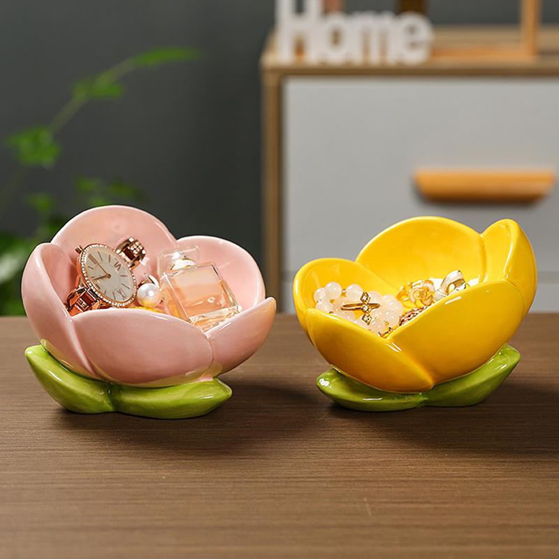 Home Decor Ceramic Flower Jewelry Tray Trinket Tray Ring Dish Holder Key Bowl Home Decor Dish-Pink Office Desk Accessory Shaped