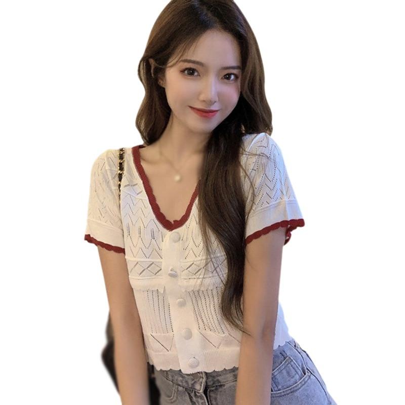 

Женская футболка Xia Xianxian с v-образным вырезом и короткими рукавами во французском стиле Sweet And Gentle Wind, тонкий полый тонкий короткий вязаный кардиган, топ One Size