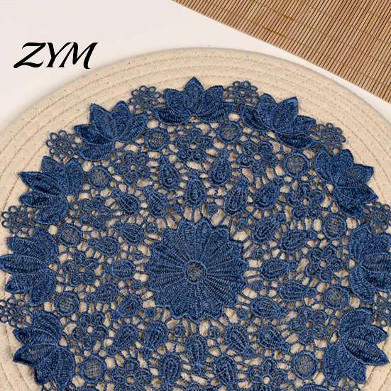 Heat Insulating Coasters Round Lace Doily, Dark Blue Floral Placemat, Embroidered Table Decorative Centerpieces Mat, Heat-resistant Doilies