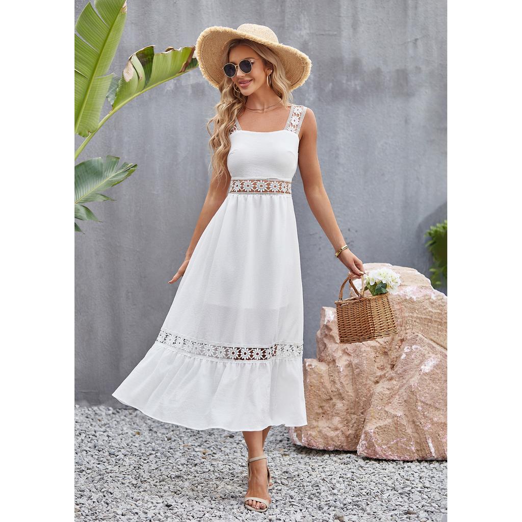 Dámská jarní/letní móda Jednobarevná dutá krajka seplétaný čtvercový výstřih s páskem bez rukávů plážové prázdninové šaty