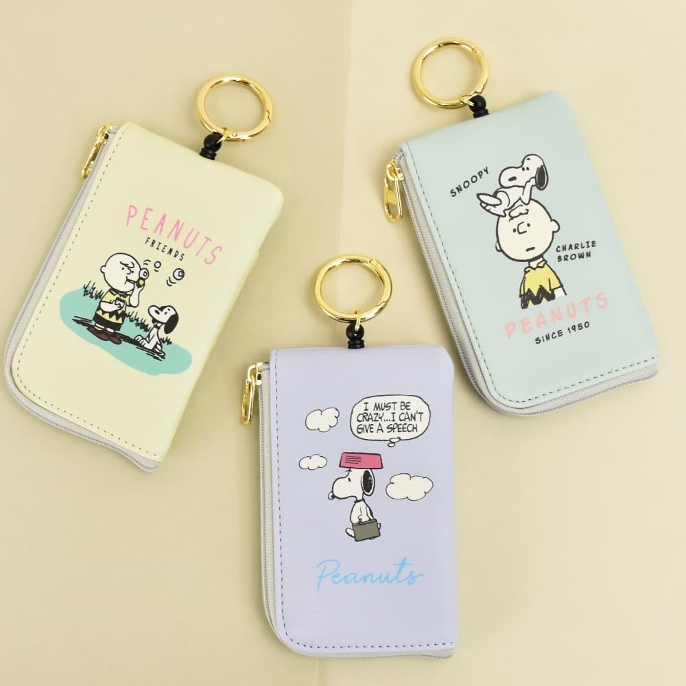 Snoopy Card Case with Retractable Synthetic Smart Retractable Key 2 Card Small Item Compartment Holder/Pass Case/Key Reel, Leather, Key, Car/Bicycle