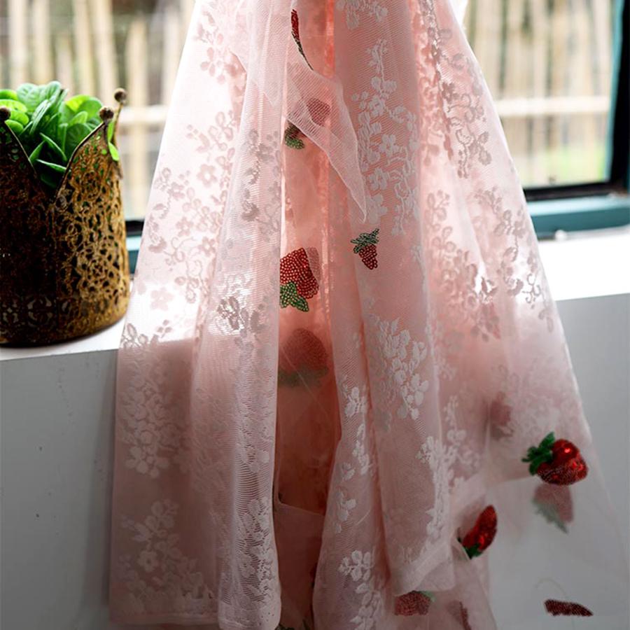 

French Pink Lace Curtains For Living Rooms And Bedrooms, Cute Strawberry Sequin Lace Kitchen Curtains,Home Small Window Curtains 1PC W100 X H120CM&Rod Pocket