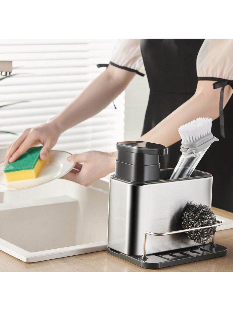 3-In-1 Sponge Holder for Kitchen Sink Caddy Kitchen Sink Organizer Tray Drainer Rack, Rustproof Dish Soap Dispenser Brush Holder