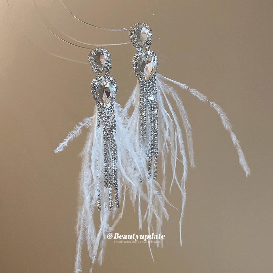 Silberne Strass-Inlay Wassertropfen Feder Quaste Ohrstecker, Glänzende Fee Koreanischer Stil Ohrschmuck für Damen.