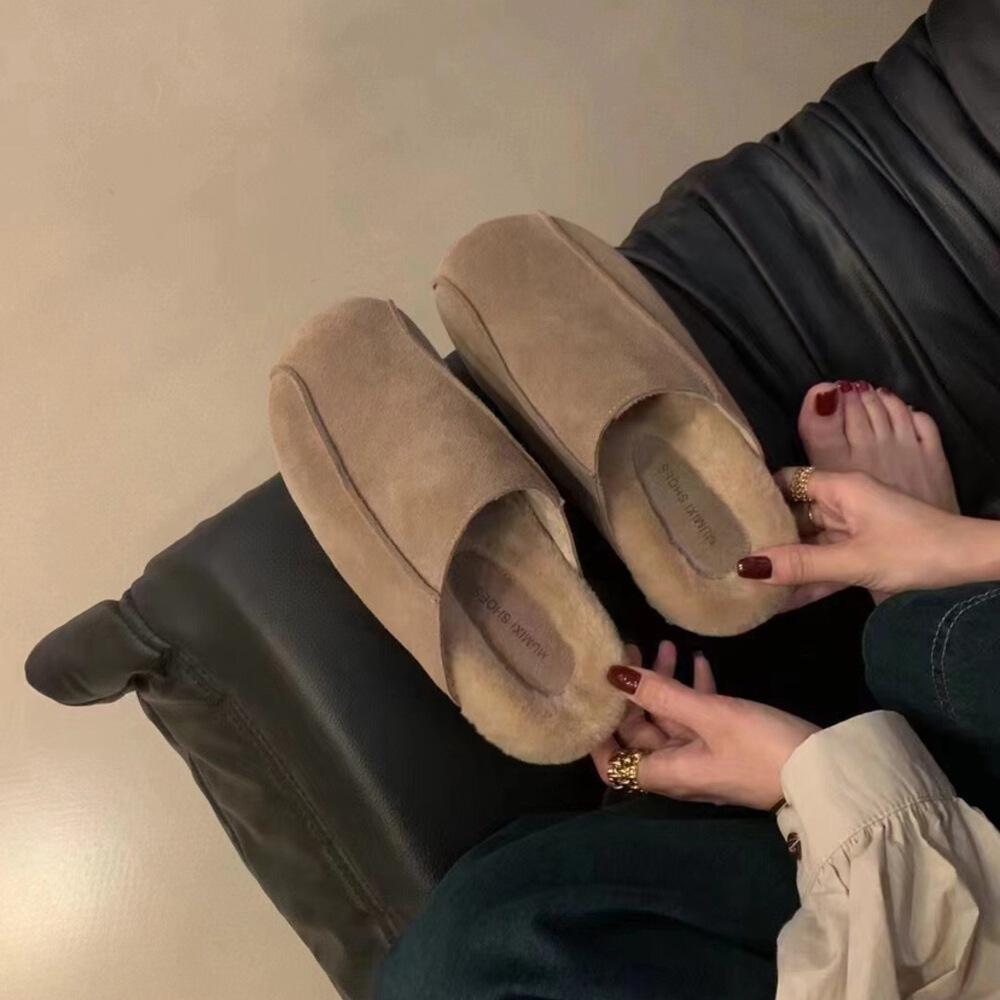 

Кожаные туфли бокен для женщин 2025 новая осень и зима бархатные толстые подошвы, одна педаль, ленивая сумка голова и полушлепки, носить ретро женщины 40