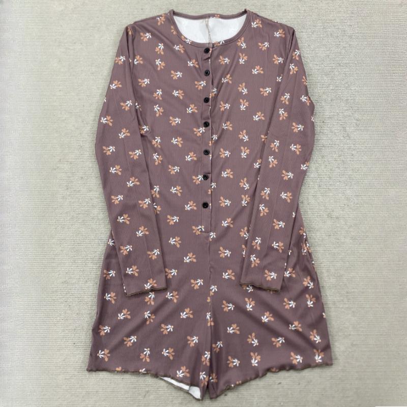 Y2K early autumn floral pattern round neck threaded anti stripe long sleeved jumpsuit