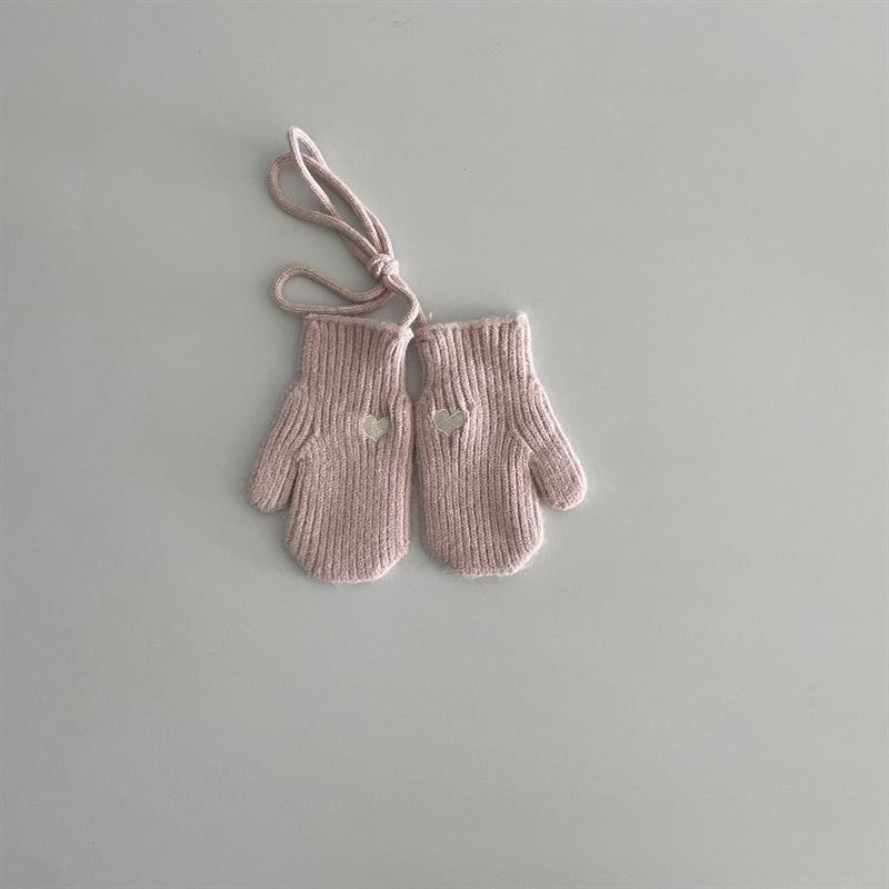 Winter Winddicht Kältefest Warm Kinderhandschuhe 2-5 Jahre Gesticktes Herz Halsband Strick Cremefarben Babygarn Säuglingswolle