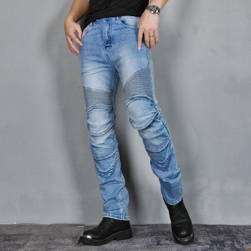 VOLERO+VOLERO+Jeans da motociclista da uomo vintage elastici dritti lavaggio a botte pantaloni da motociclista anti-caduta argento