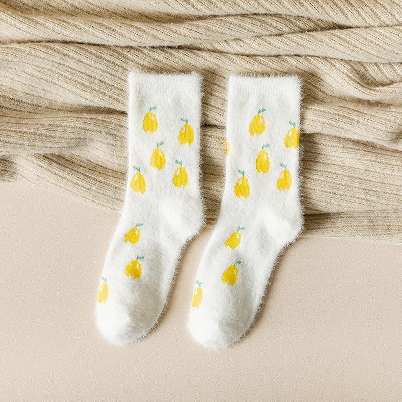 Female Autumn and Winter Plus Velvet and Thick Warm Mink Velvet Warm Fruit Strawberry Deodorant Tube Socks