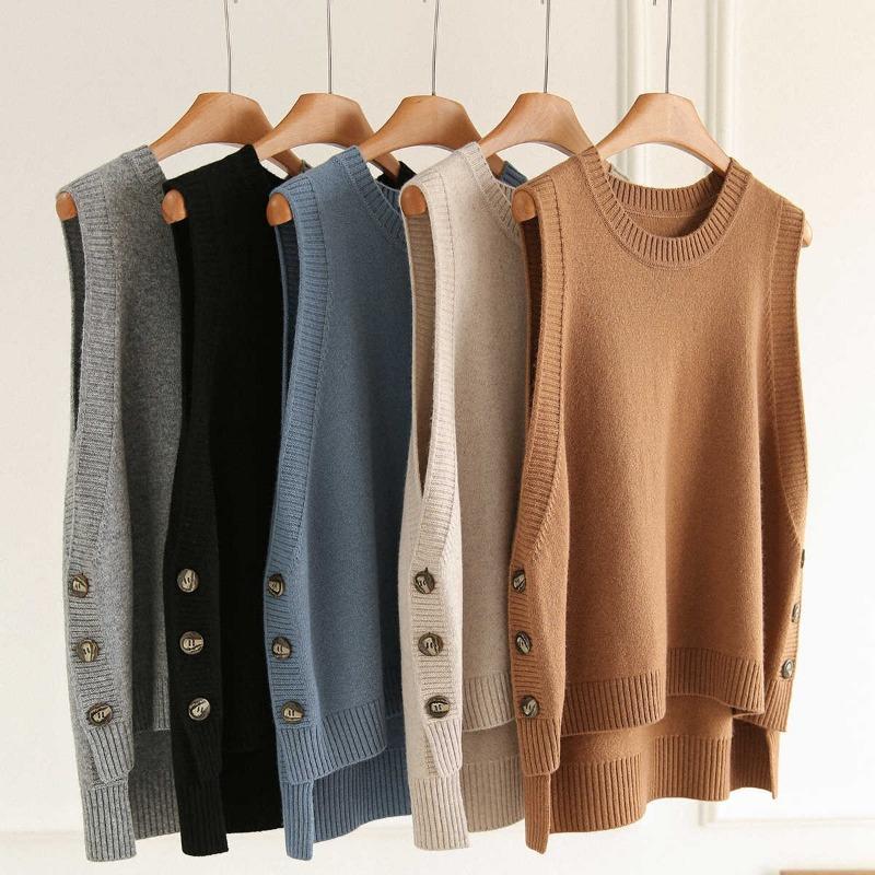 O Neck Fashion Sleeveless Women Knitted Sweater Vest Autumn and Winter Loose Simple New Office Tank Top Elegant Buttons Simple Clothing