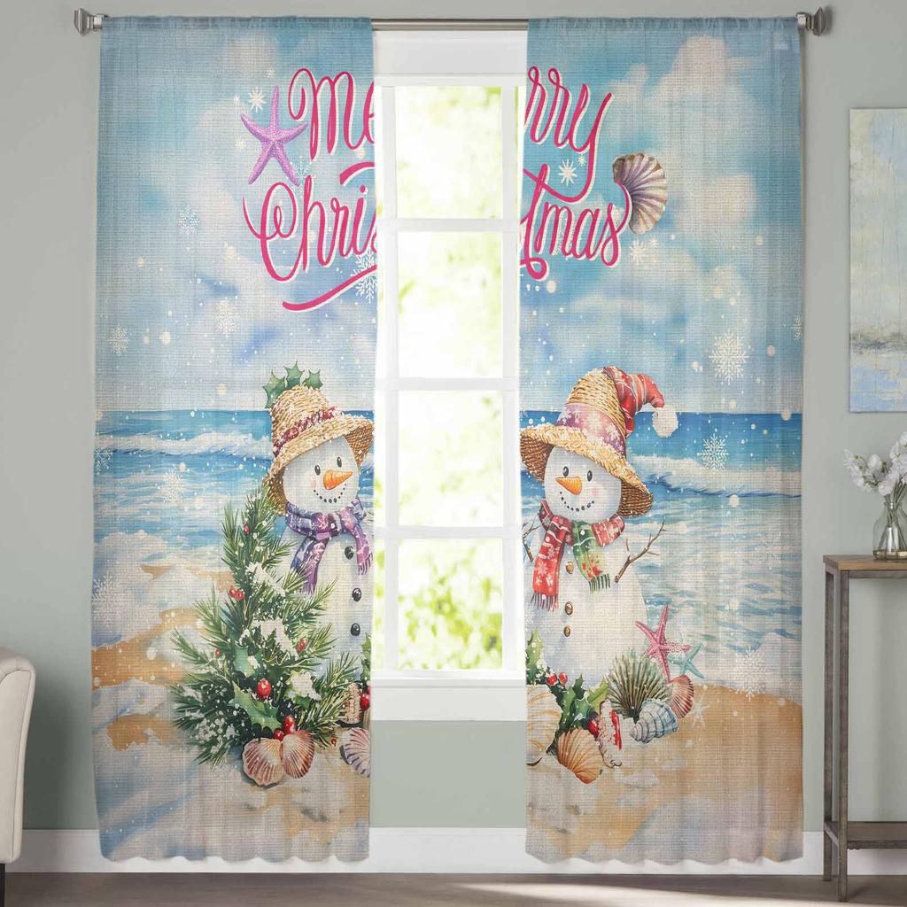 Jul Vinter Strand Snögubbe Gardiner För Vardagsrum Sovrum Heminredning Fönster Voile Tyllgardin Draperier