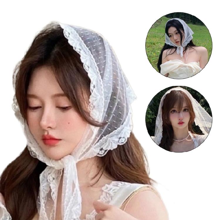 Breathable Dotted Pattern Hair Kerchiefs Cute Lace Bandana Tie Back Headwrap