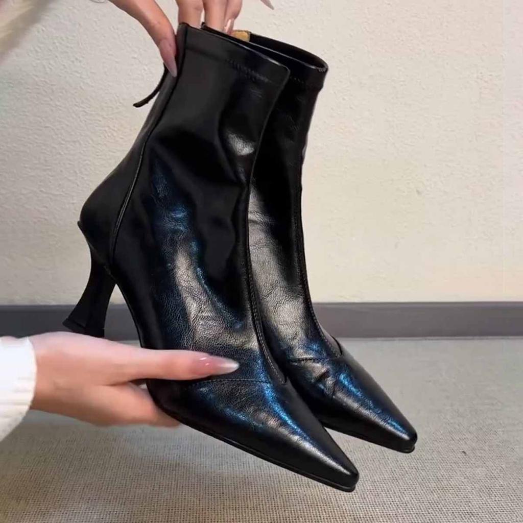 Cowhide version~ High heel pointed short boots French thin heel elastic boots women's versatile soft leather zipper leather thin boots