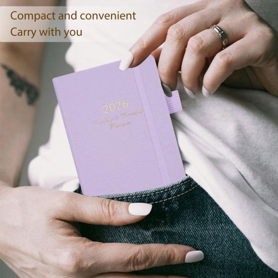 2026 Pocket Planner with Elastic Strap Pen Loop Ribbon Bookmark Weekly Monthly Academic Planner 12 Months Schedule Management Hardcover Notebook