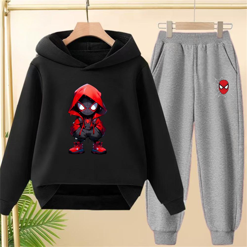 Çocuk Siyah Kapişonlu Örümcek Adam Baskılı Spor Kazak Mont Sweatshirt+Pantolon Erkek Kız Bebek Giysileri Eğlence Seti