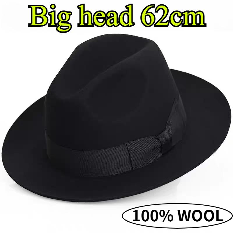 High Quality Large Size Wool Fedoras Hats British Retro Panama Hat Big Brimmed Top Hats Big Head Tibetan Style Jazz Hat 54-62Cm