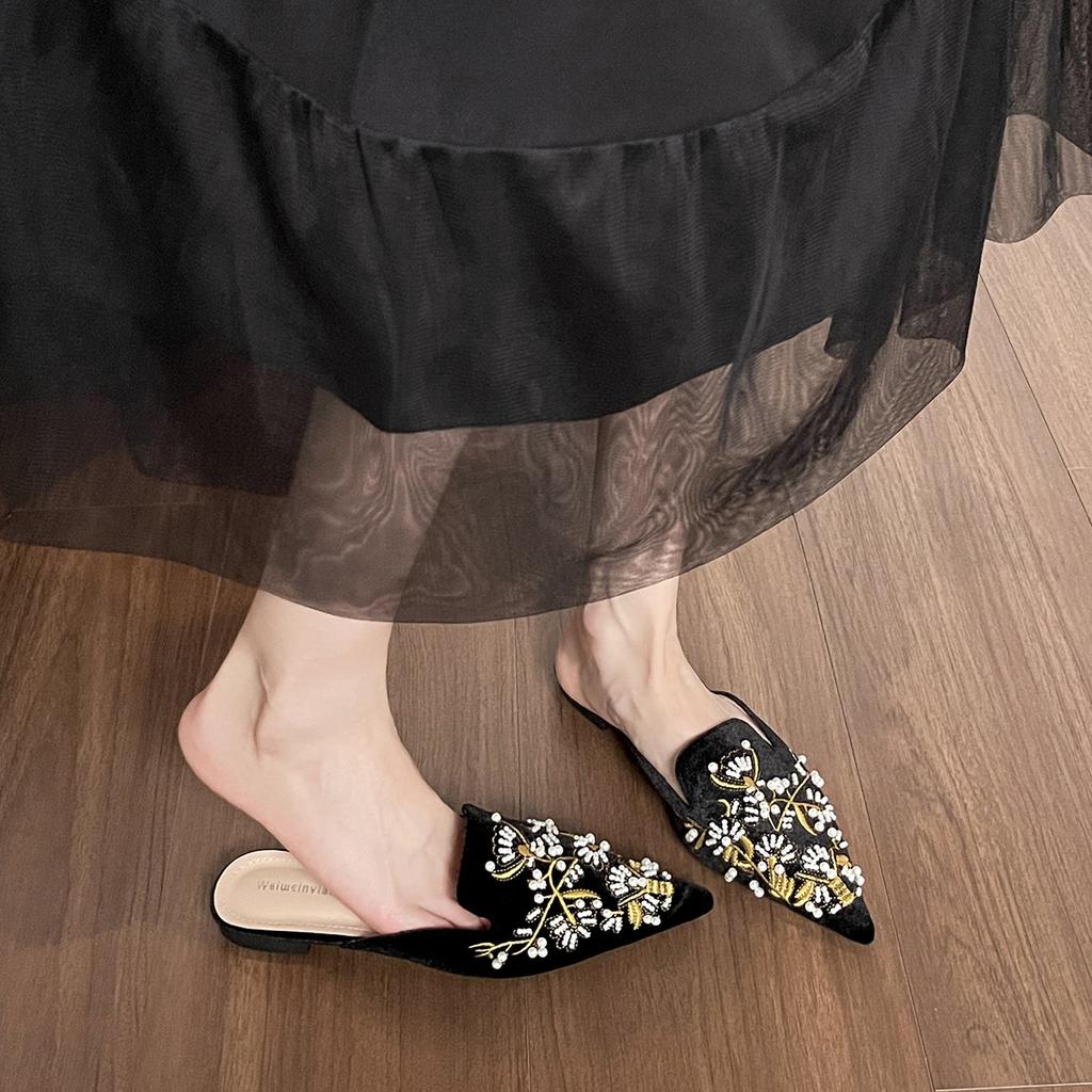 Embroidered Bag Head Half Slippers Women's Outer Wear with Cheongsam Cool Slippers Flat Bottom