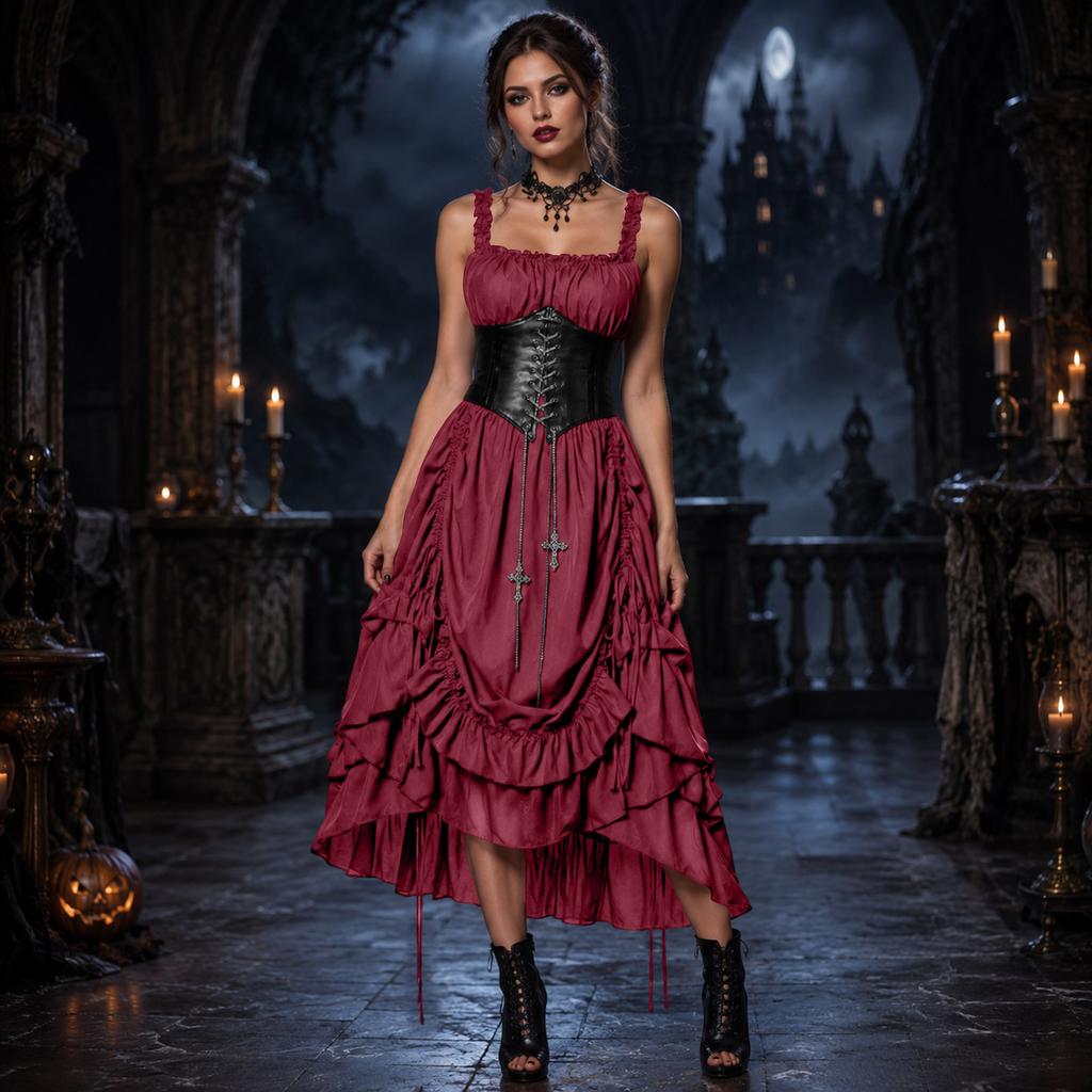 Gotische Jurk en Ketting Set voor Dames voor Halloweenfeest, Corsetriem Niet Inbegrepen