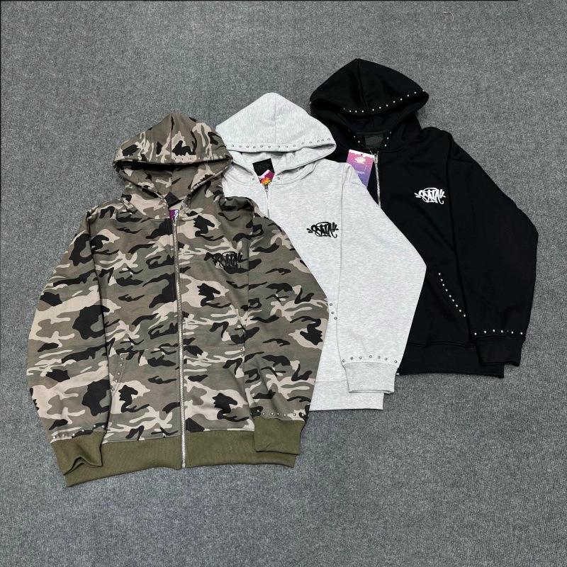 Unisex Embroidered Rivet Fleece-Lined Hooded Sweatshirt