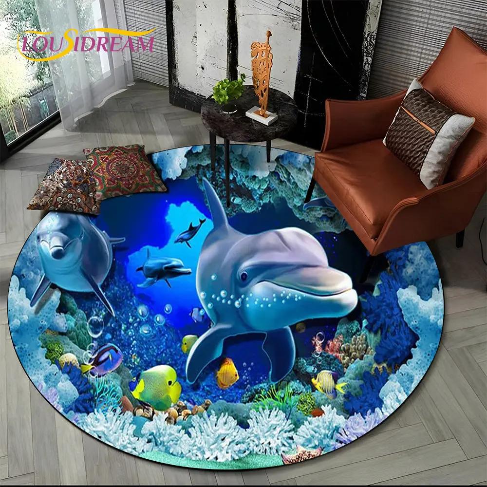 3D Seabed Illusion Underwater World Dolphin Round Area Rug,Carpet for Living Room Bedroom Sofa Playroom Decor,Non-slip Floor Mat