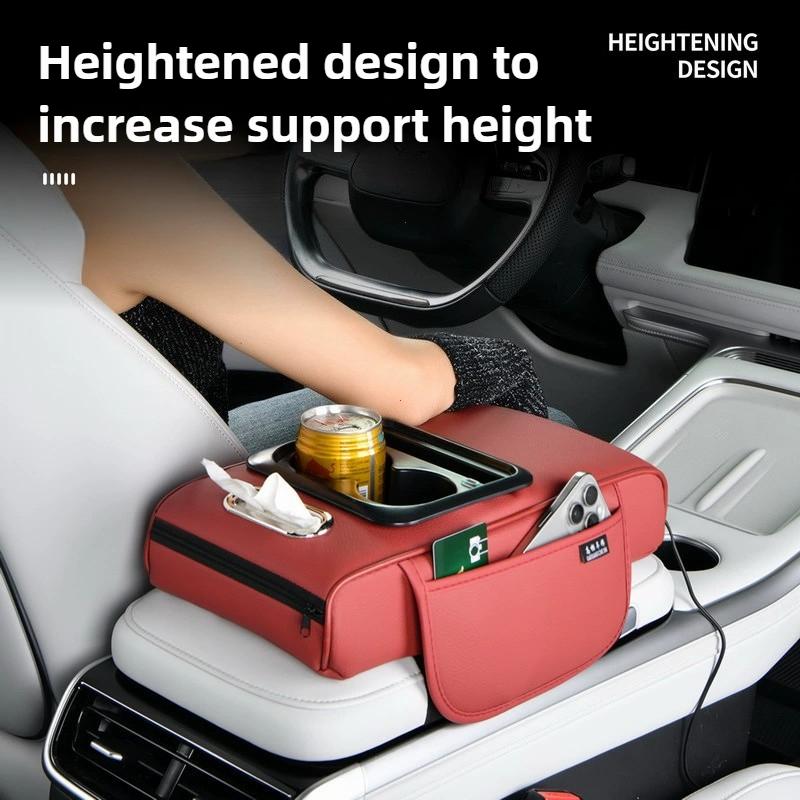 Multi-Function Car Armrest Box with USB Port - Storage Booster Pad Center Console Tissue Box And Water Cup Holder for Vehicle