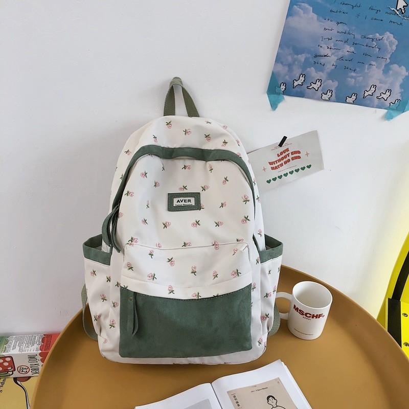 Fashionable Color Blocked Flower Pattern Letter Decor Student Casual Backpack