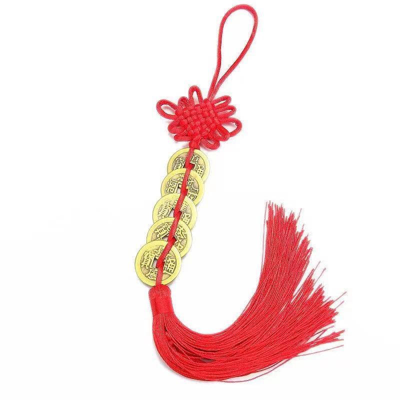 Peach Wood Gourd Pendant with Thickened Brass Five Emperors Coins - Chinese Knot Car Hanging Ornament