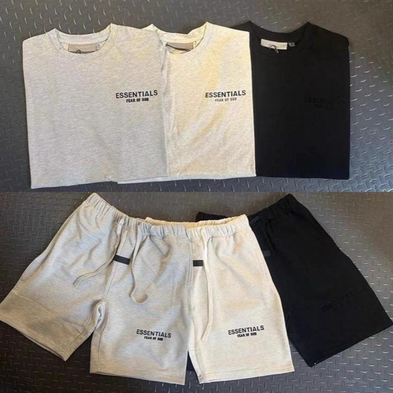 ESSENTIALS Double-line Flocking Trendy Unisex Cotton Short Sleeve & Shorts Set - Summer Casual