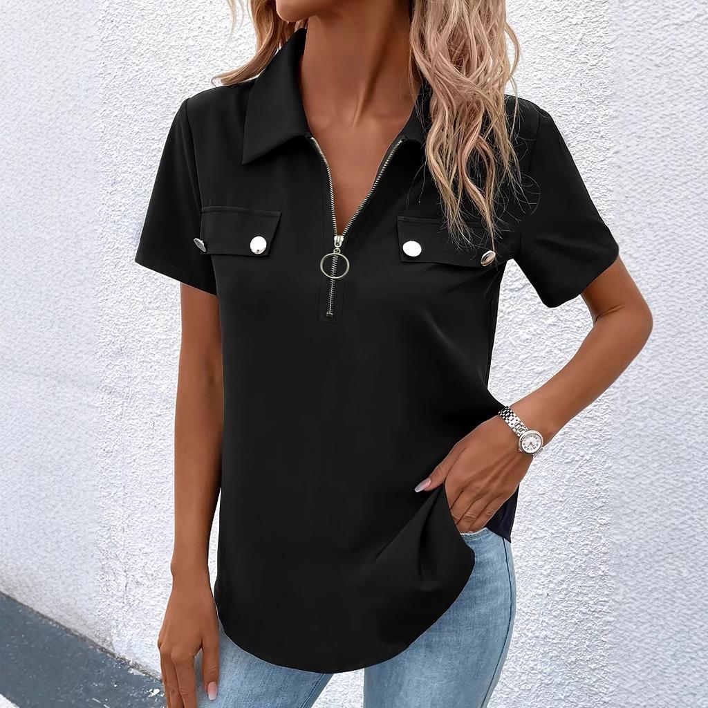 Women's summer short-sleeved zipper lapel black T-shirt