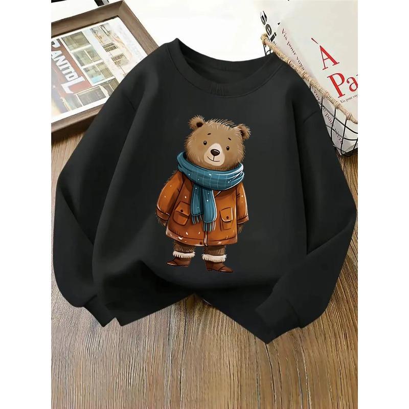 European Sizes Kids' Crewneck Sweatshirt - Bear Wearing Winter Coat And Scarf , Sportswear And Casual Wear, Soft And Comfortable, Children's Clothing