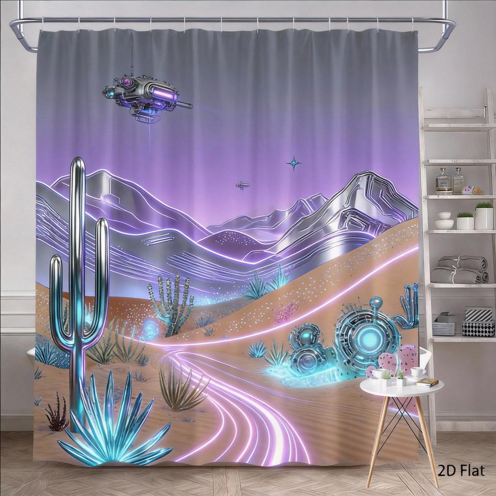 Cactus Shower Curtain 180x180cm – Desert Mountain Scene with Vibrant Flora, Southwestern Bathroom Decor, 12 Hooks