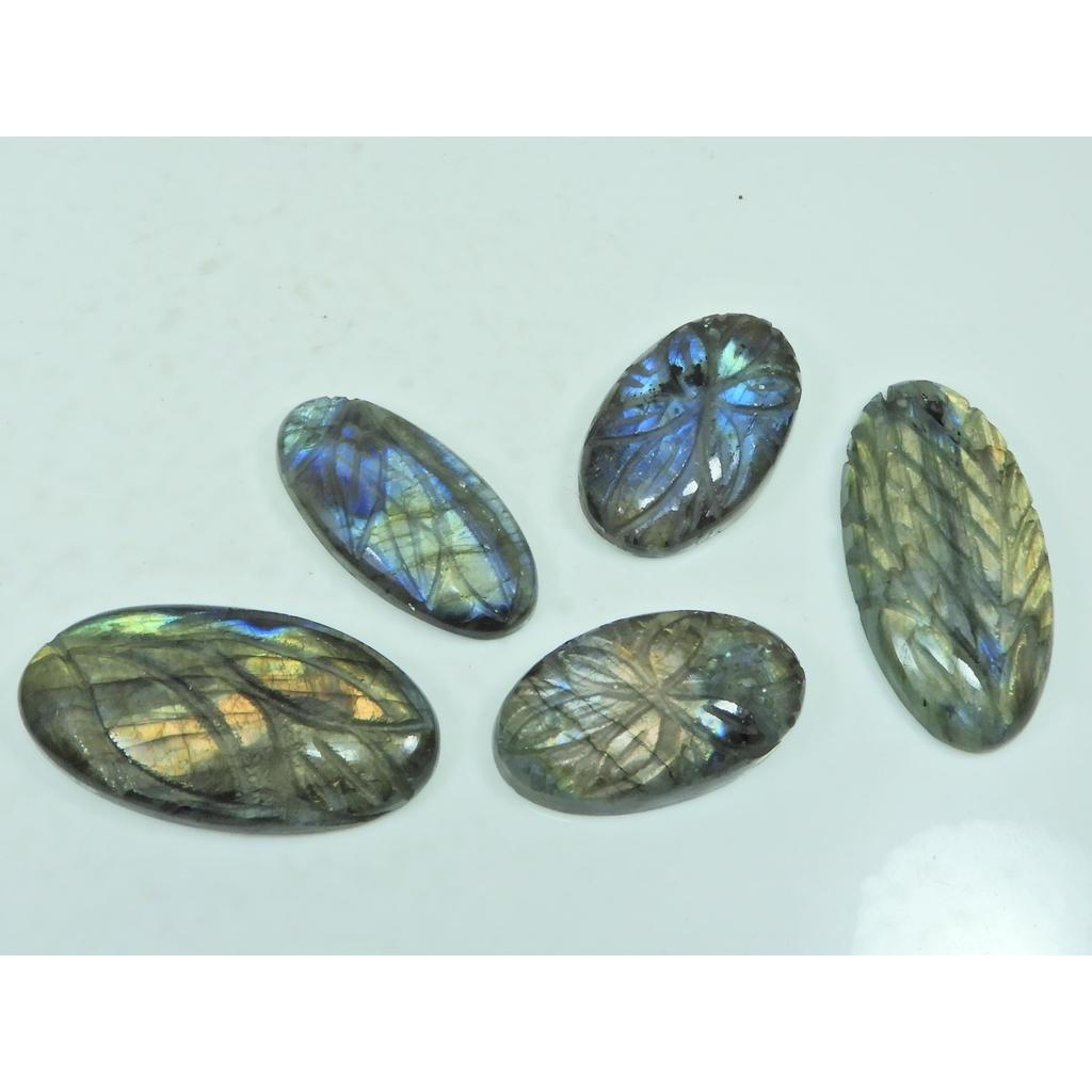 194Cts. Natural Labradorite Carving Oval Cabochon Loose Gemstone 05 Pcs Lot C-3803