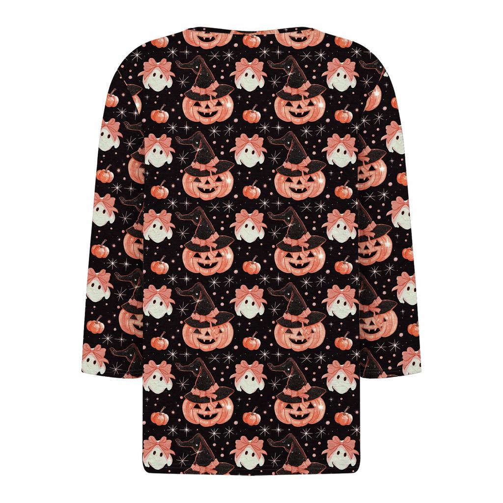 3/4 Ärmel Damen Tops Halloween Print Vintage Mode Lässig Locker Mit V-Ausschnitt Übergröße Shirts