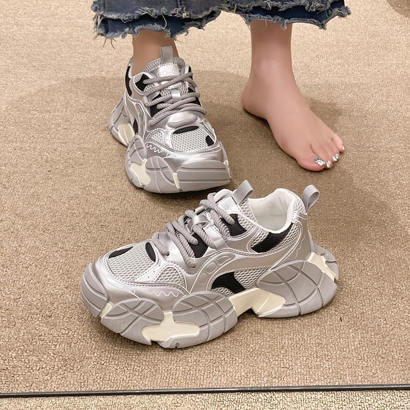 Silver women's autumn new thick-soled mesh breathable and lightweight casual sports shoes