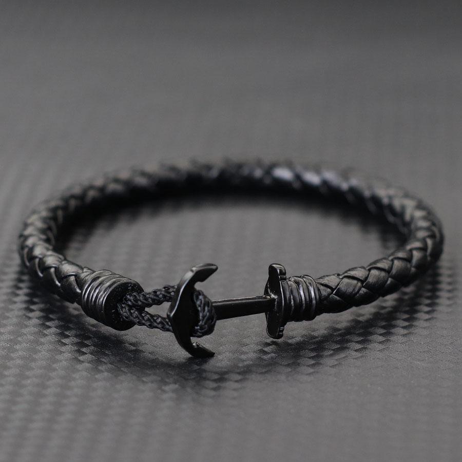 

New Fashion Men Leather Bracelet Creative Black Anchor Braslet Nautical Surfing Hand Accessories In 3 Sizes Punk Bangle Hombre M 20.5cm 8Inch