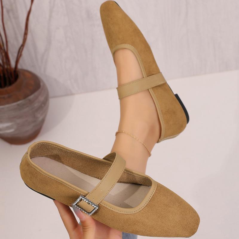 Women's Retro Suede Elegant Square Toe Pumps Flat Heel Single Shoes Women's Fall One Line Strap Low Heel Mary Jane Shoes