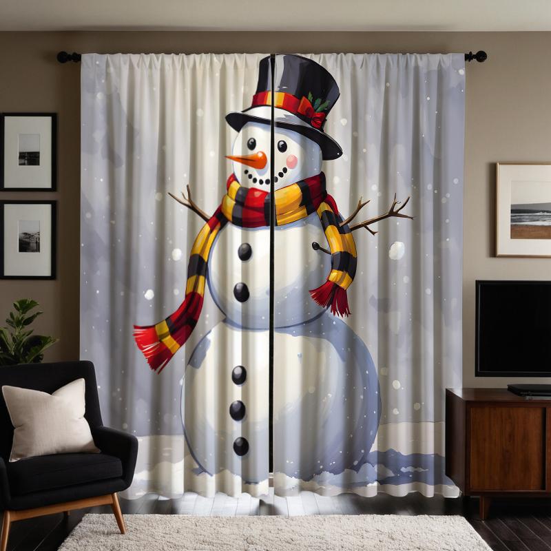 2pcs HD Christmas White Snowman Curtain White Tie Digital Printed Curtain Home Decoration Style Decorate Living Room Bedroom