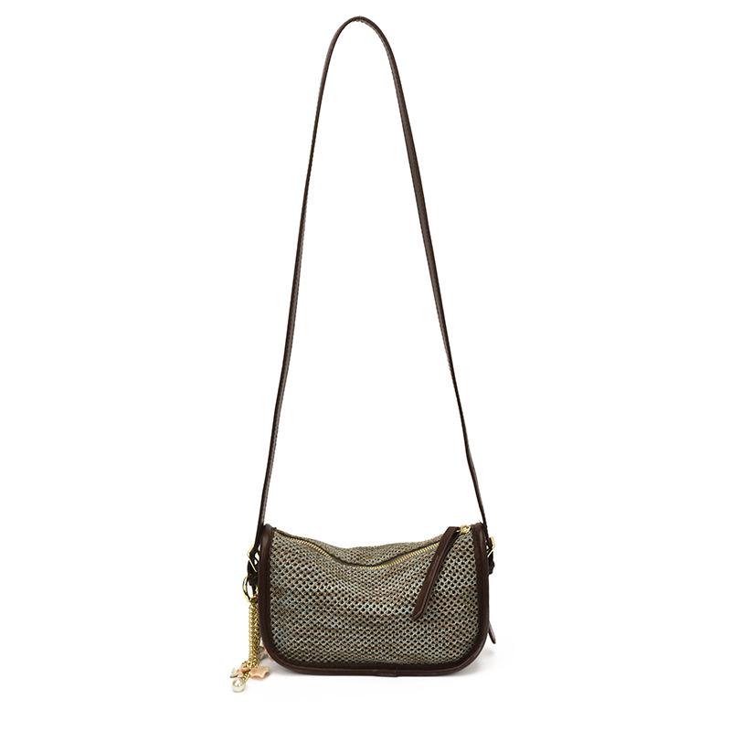 Hong Kong Retro Woven Crossbody Bag - Summer 2026 Collection, Women’s Hollow Knit Color Block Single Shoulder Bag