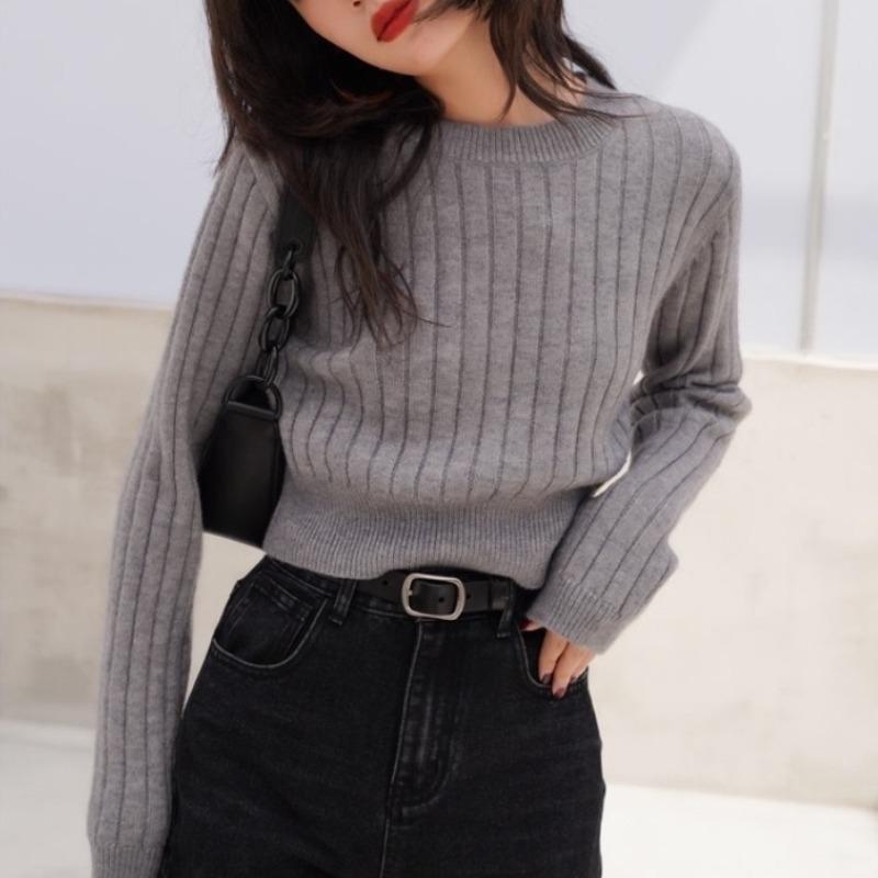 Podzimní jednobarevný kulatý výstřih krátký svetr dámský módní ležérní slim fit pulovry dámské zimní pletené svetry dámské elegantní jednoduché pletené zboží svetr 25568