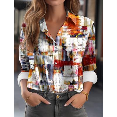 Fashion Multicolour Geometric Splicing Pattern 3D Print Women's Long Sleeves Shirt Autumn Women's Holiday Shirt Women's Clothing