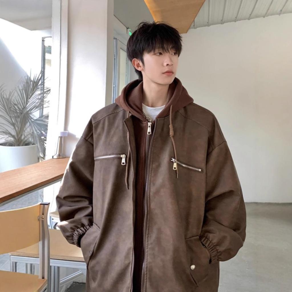 Fake Two-piece Sweatshirt PU Leather Jacket for Men In Autumn Plus Fat Plus Size Fat People Loose Design Handsome Jacket