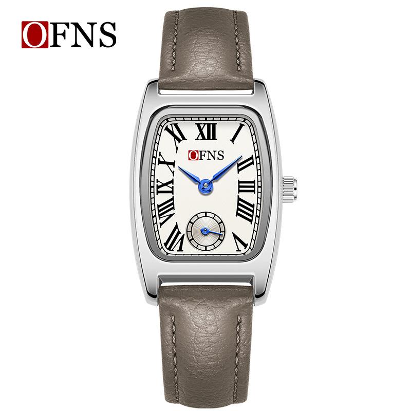 Fashion Ofns Brand Women's Quartz Watch Vintage Barrel Shape Two Half Hand Leather Strap Waterproof Dress Leather Wrist Watches