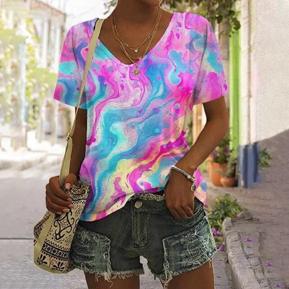 

Summer Tie Dye Vintage T-Shirts 3D Print Fashion Women V-Neck Short Sleeve T Shirt Y2K Casual Tees Harajuku Tops Female Clothing XL